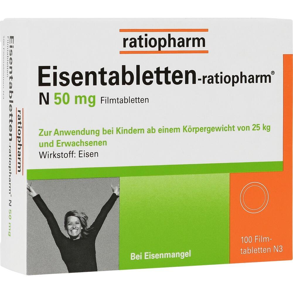 Verpackung von Eisentabletten für Kinder ab 25 kg und Erwachsene bei Eisenmangel.