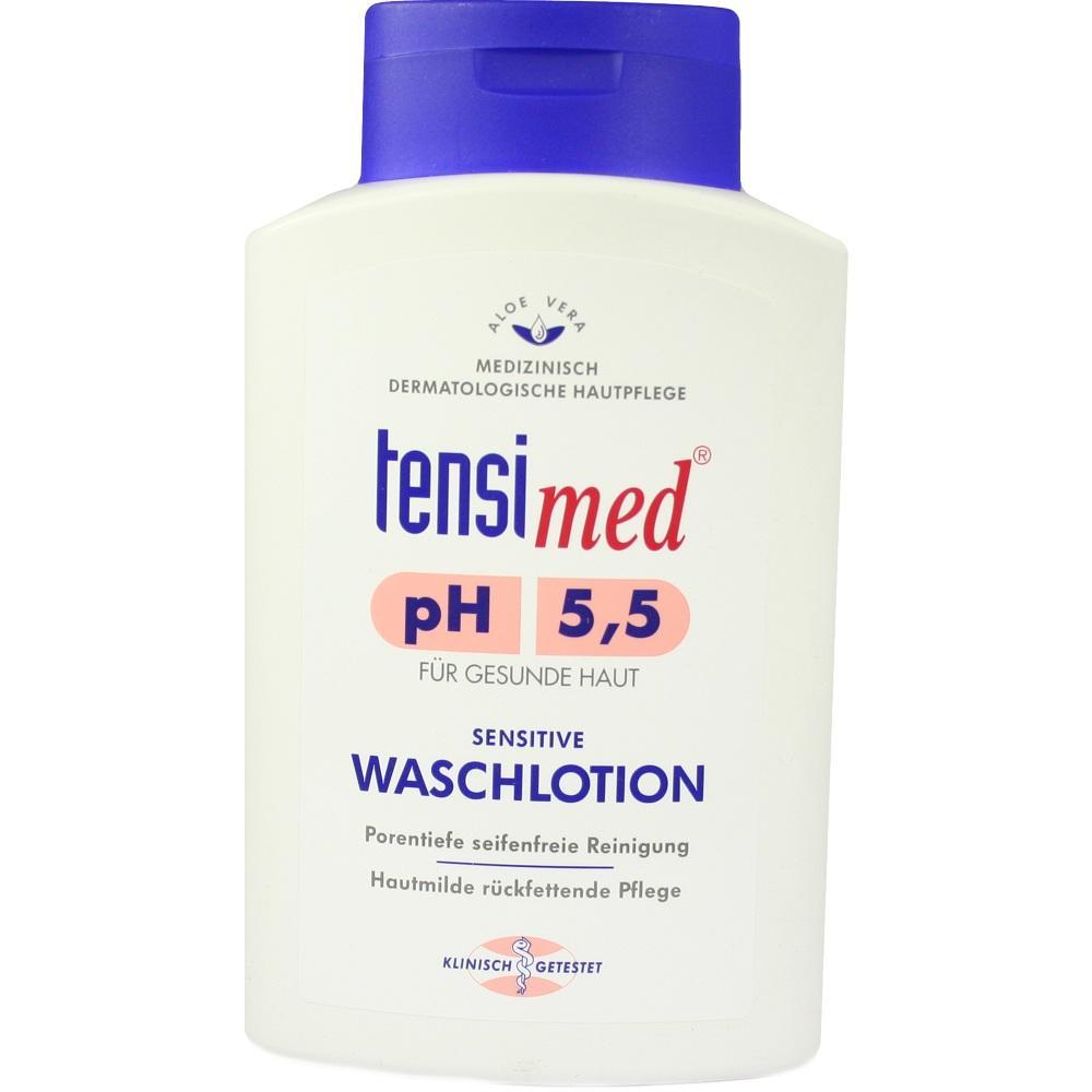 Eine weiße Flasche sensibler Waschlotion mit blauem Deckel.
