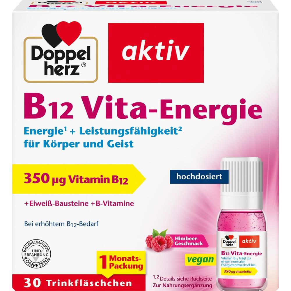 Verpackung von Vitamin B12 Vita-Energie mit Himbeergeschmack in pinker Flasche.