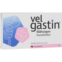 Packung Velgastin-Kautabletten gegen Blähungen mit 20 Tabletten.